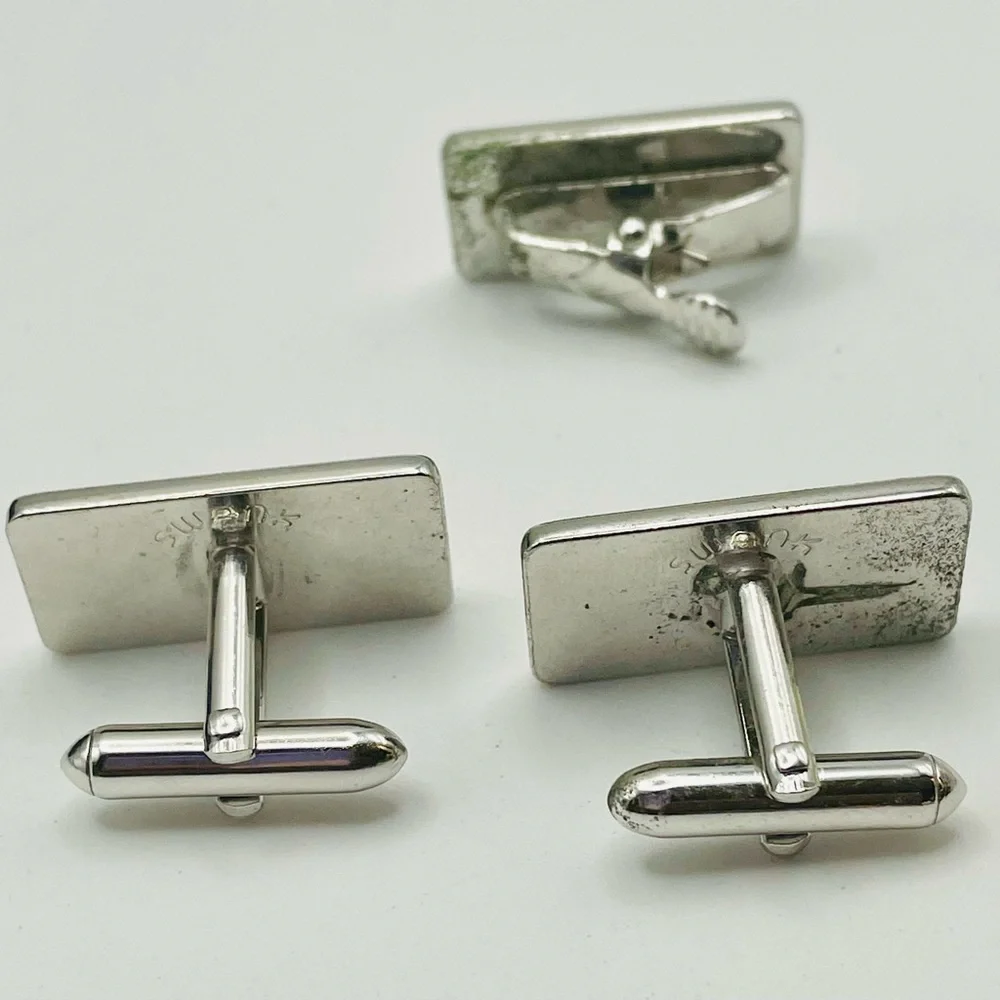 SWANK Silver-Tone 'I-GO-4-U' License Plate Cufflinks and Tie Clip w/Red Crystals